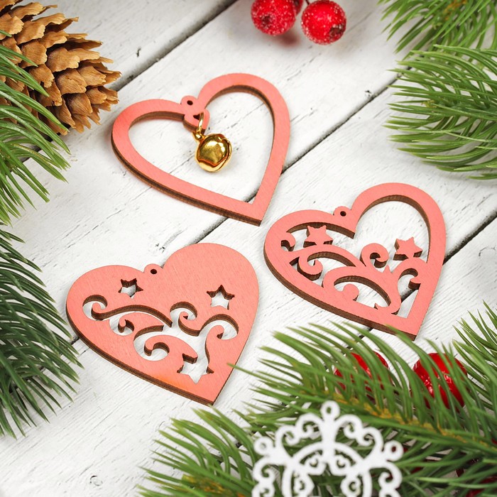 Подвески "Сердца с узорами", цвет розовый, 3 шт.