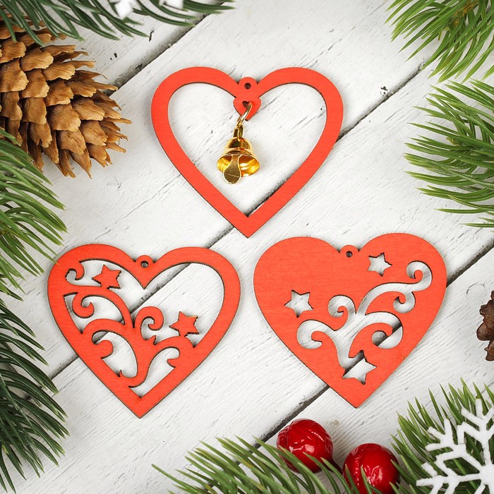 Подвески "Сердца с узорами", цвет красный, 3 шт.