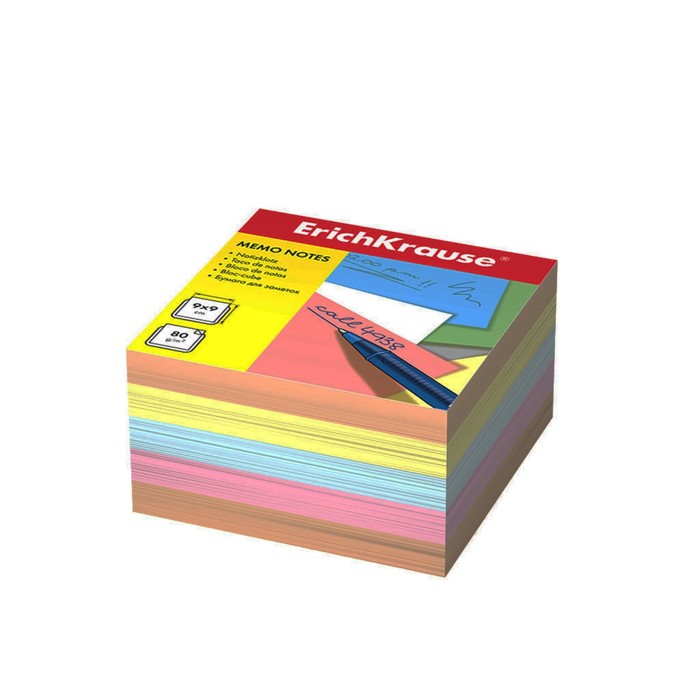 Блок бумаги для записей ErichKrause, 9 x 9 x 5 cм, плотность 80 г/м2, люкс, цветной блок бумаги для записей erichkrause 9 х 9 х 5 см плотность 80 г м2 люкс белый голубой
