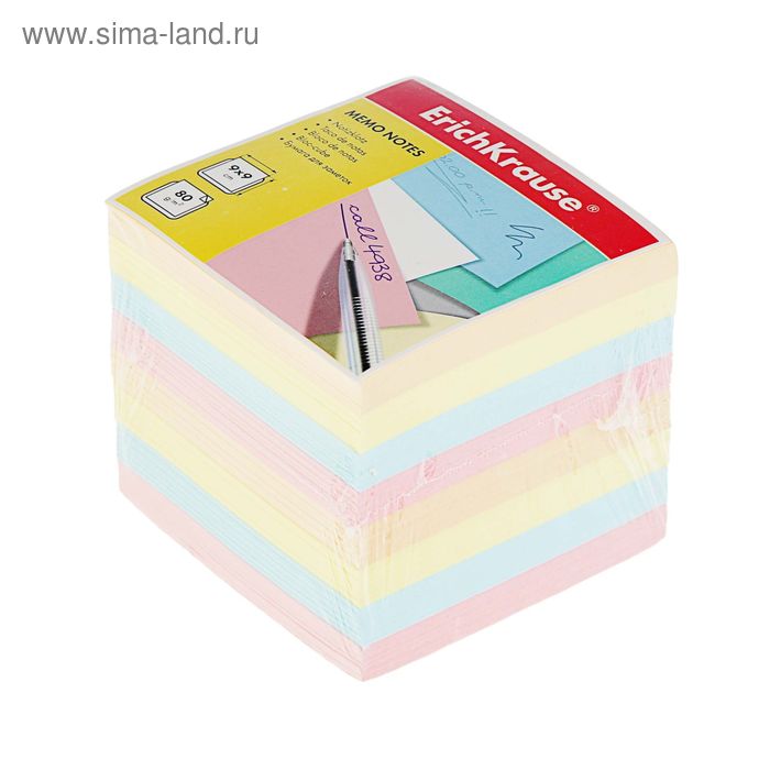 Блок бумаги для записей ErichKrause, 9 x 9 x 9 см, плотность 80 г/м2, цветной блок бумаги для записей стамм офис 9 x 9 x 5 см в прозрачном пластиковом боксе 65 г м2 цветной