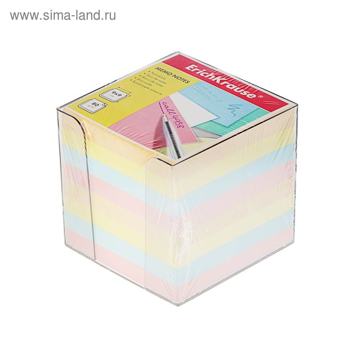 Блок бумаги для записей ErichKrause, 9 x 9 x 9 см, в пластиковом боксе, 80 г/м2, цветной блок для заметок 9 9 9 цветной офис в пластбоксе стамм бз58