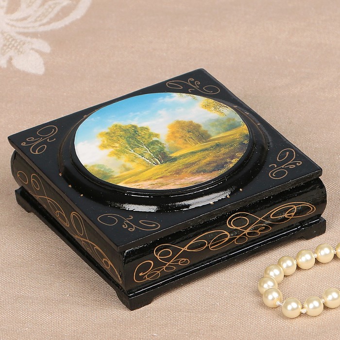 Шкатулка «Лесная река», с накладкой, лаковая миниатюра, 10х10 см