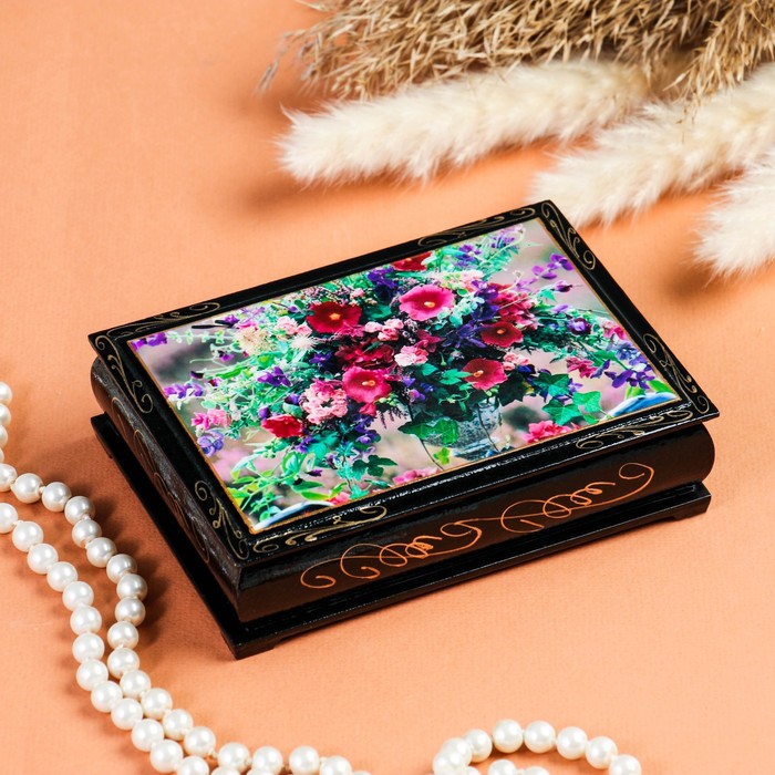 Шкатулка «Полевые цветы в вазе», 10×14 см, лаковая миниатюра