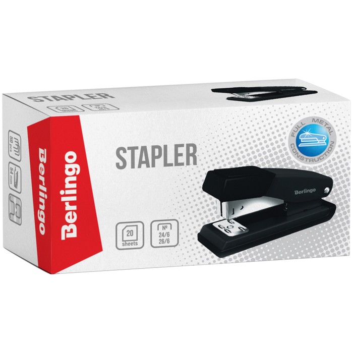 Степлер №24/6, 26/6 до 20 листов, металлический корпус, полузагрузочный, чёрный