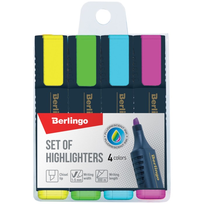 Набор маркеров-текстовыделителей 4 цвета, Berlingo 5.0 мм, европодвес
