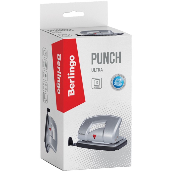 Дырокол Ultra до 10 листов, металлический, серебристый, с линейкой, европодвес