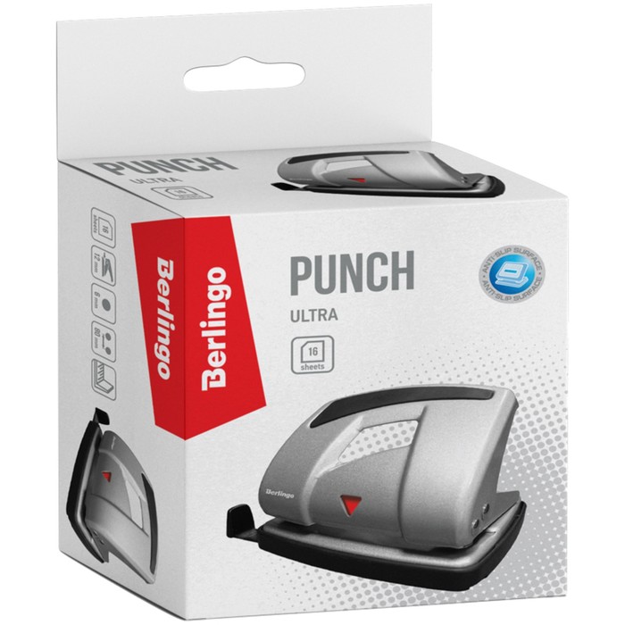 Дырокол Ultra до 16 листов, металлический, серебристый, с линейкой, европодвес