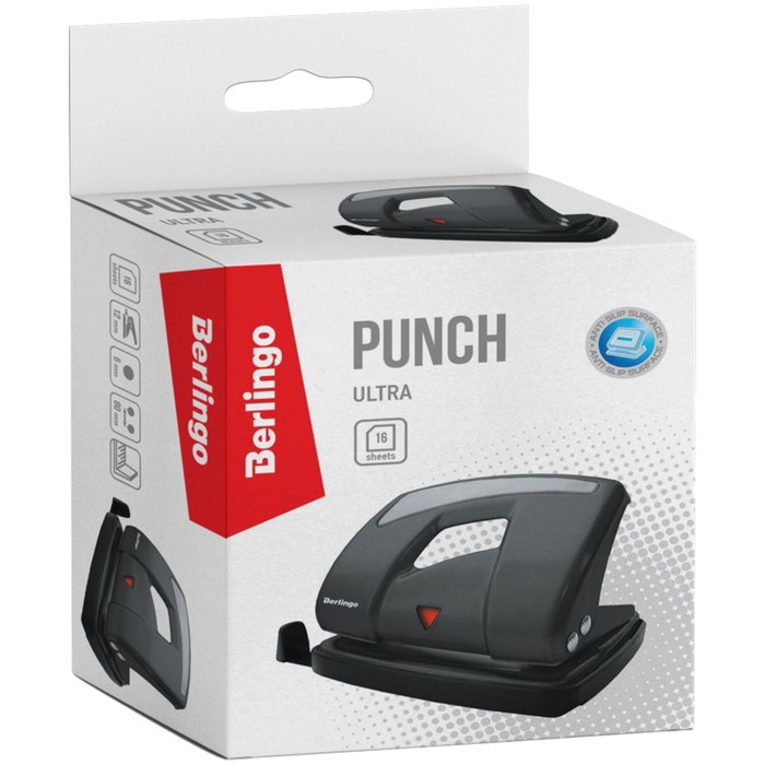 Дырокол Ultra до 16 листов, металлический, чёрный, с линейкой, европодвес