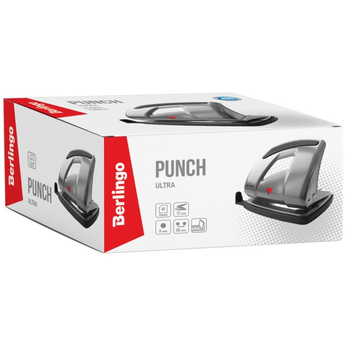 Дырокол Ultra до 40 листов, металлический, серебристый, с линейкой, европодвес