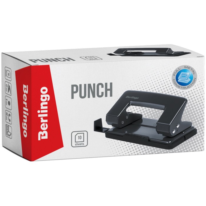 Дырокол до 10 листов, металлический, чёрный, с линейкой