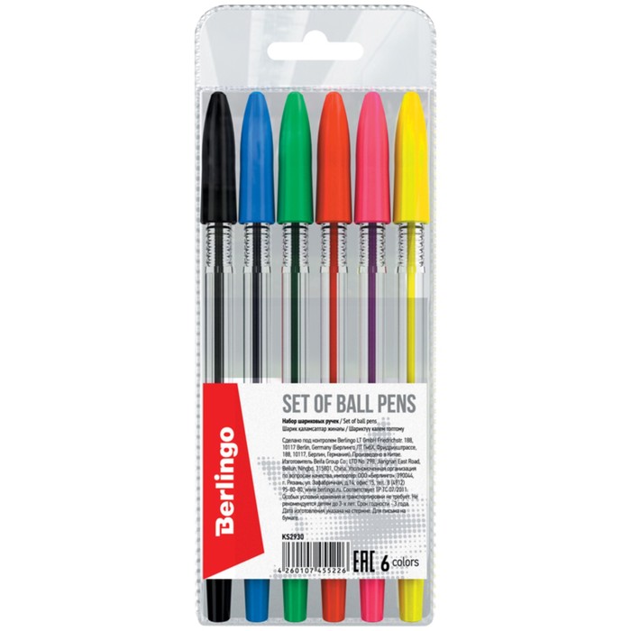 Набор шариковых ручек 6 штук, 6 цветов, узел 0.5 мм, европодвес