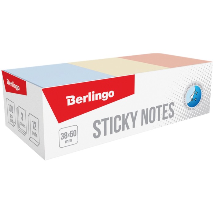 Набор блоков с липким краем 38х50 мм, 12 блоков по 100 листов, 3 пастельных цвета