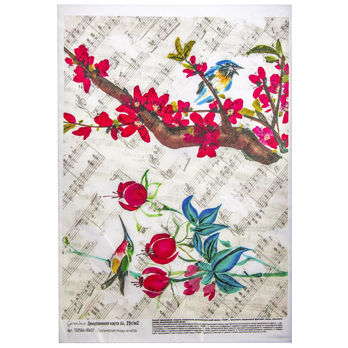 Декупажная карта Geronimo "Тропические птицы на нотах" (набор 3 шт) формат А4  25г/м2
