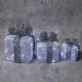 Светодиодная фигура «Подарки с серой лентой» 15, 20, 25 см, текстиль, металл, 220 В, 8 режимов, свечение белое Ош