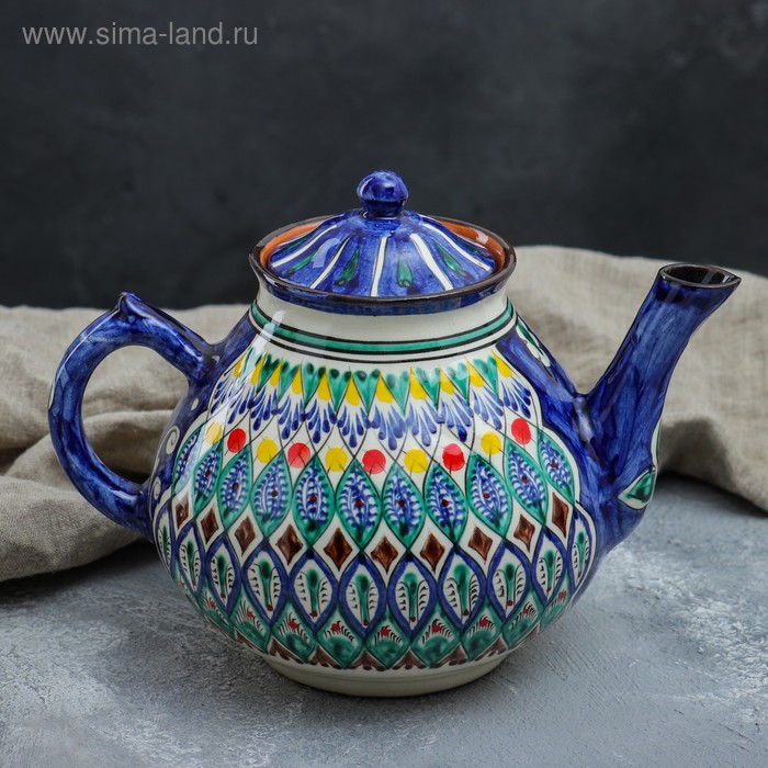 Чайник Риштанская Керамика Узоры, 1600 мл, синий микс