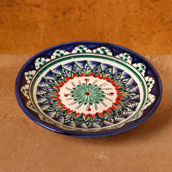 Тарелка Риштанская Керамика Цветы, синяя, плоская, 15 см, микс