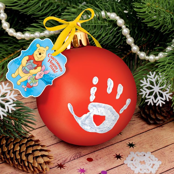 Шар новогодний "Отпечаток детской ручки" Медвежонок Винни и его друзья, красный