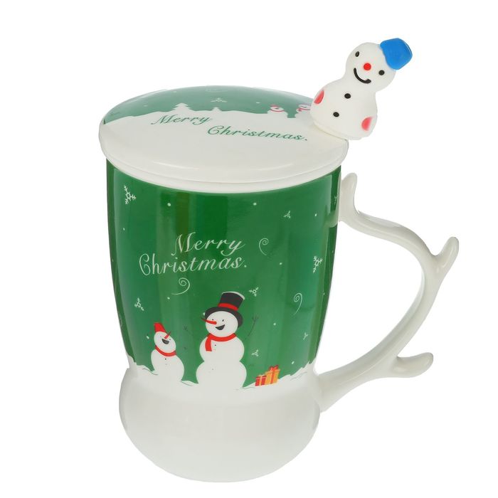 Кружка 450 мл "Снеговик", с керамической крышкой и ложкой, цвета МИКС