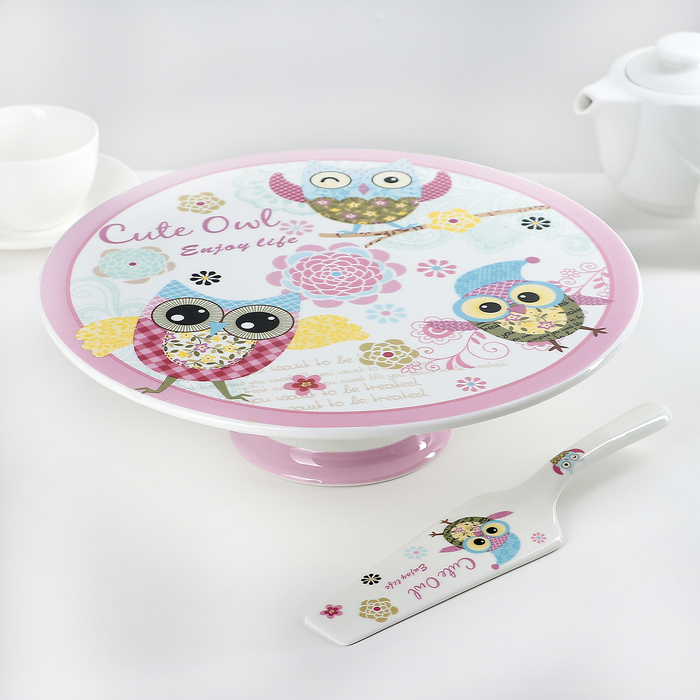 Подставка для торта 28,5х9,7 см "Веселая сова", с лопаткой