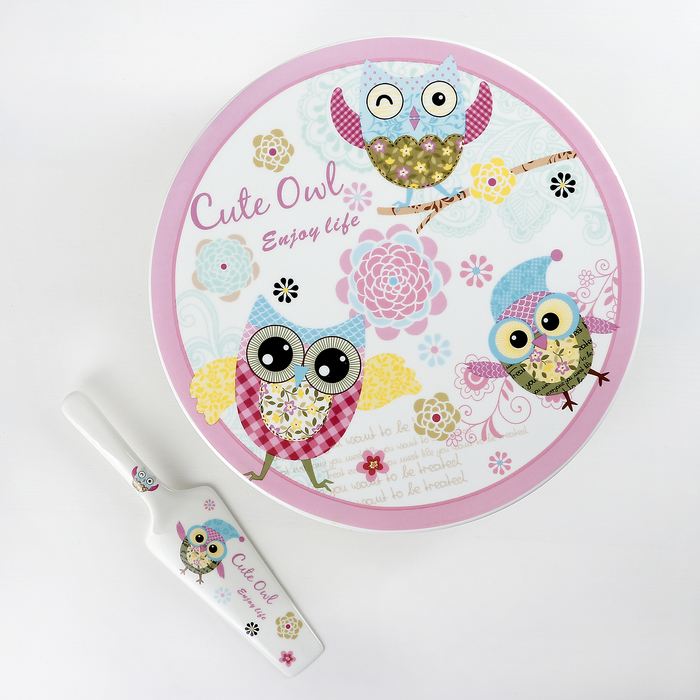 Подставка для торта 28,5х9,7 см "Веселая сова", с лопаткой
