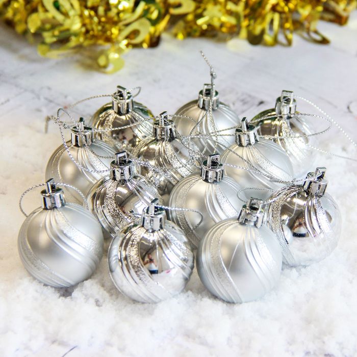 Новогодние шары "Волна" (набор 12 шт.), серебро