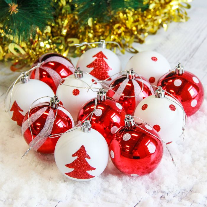 Набор шаров пластик d-6 см (набор 12 шт) горох бело красный