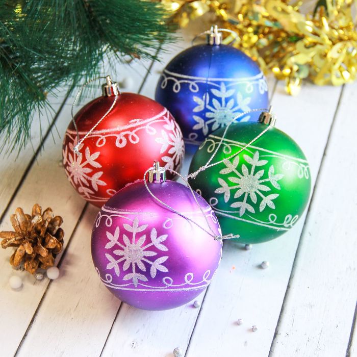 Набор шаров пластик d-8 см (набор 4 шт) снежинки