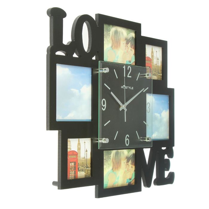 Часы настенные хайтек 18х18см+6 фоторамок Love чёрные (фото 12х10, 9х12, 9х8)