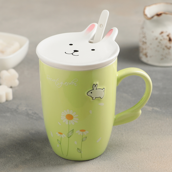 Кружка 470 мл "Крол", с керамической крышкой и ложкой, цвета МИКС