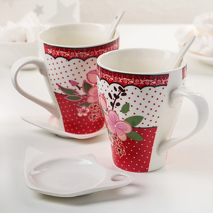Набор кружек 180 мл "Кружева", 2 шт, в комплекте 2 ложки, 2 подставки под чайный пакетик, цвета МИКС