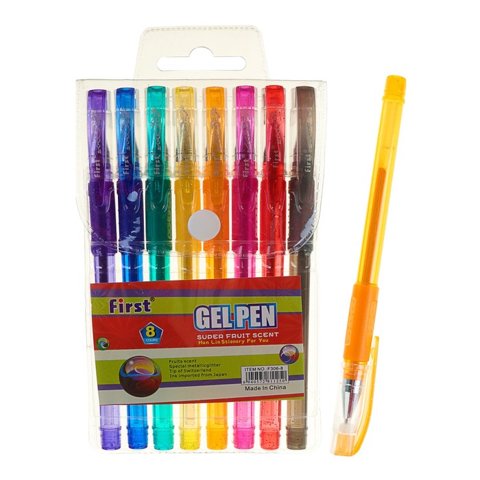 Набор гелевых ручек, 8 цветов, металлик, с блёстками, с резиновым держателем, в блистере на кнопке