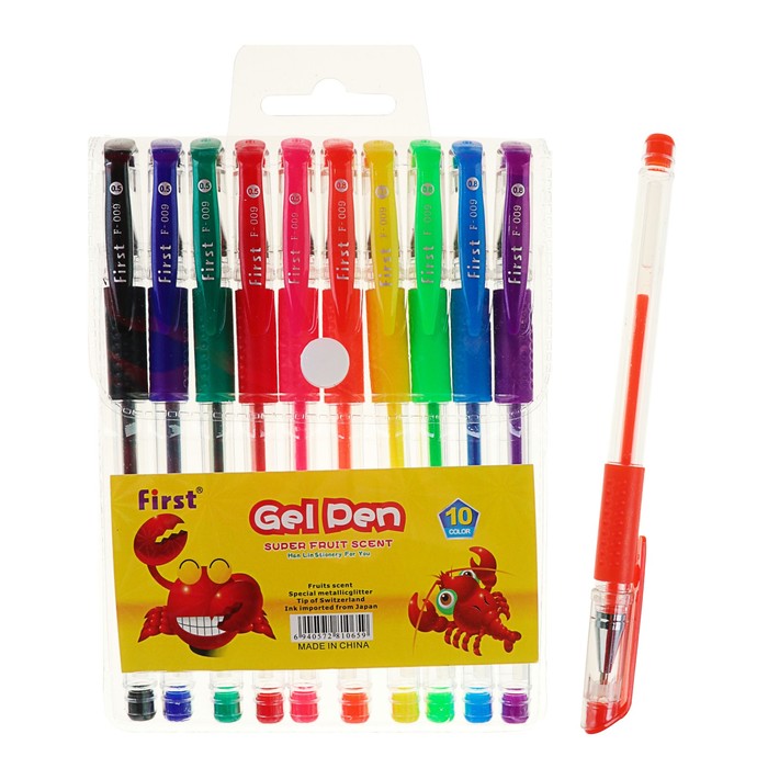 Набор гелевых ручек, 10 цветов, металлик, с блестками, с резиновым держателем, в блистере на кнопке