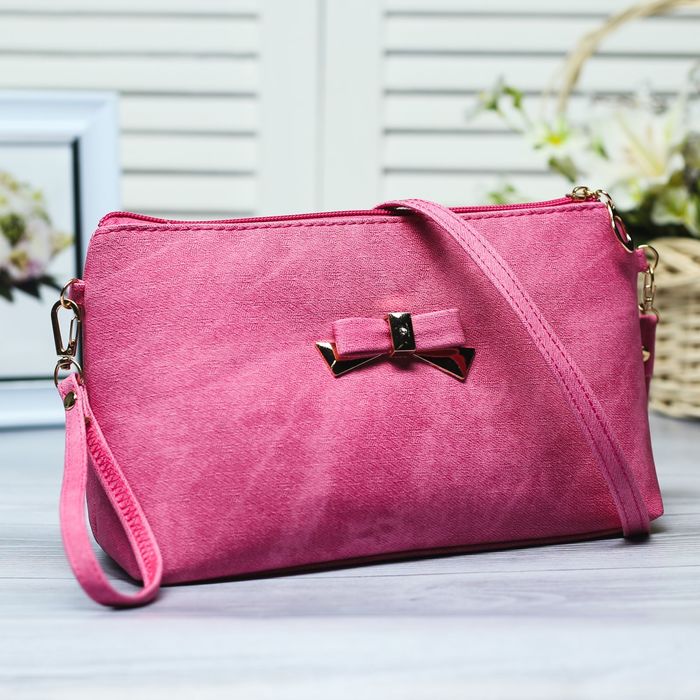 Сумка женская с бантом, отдел на молнии, с ручкой, длинный ремень, цвет малиновый