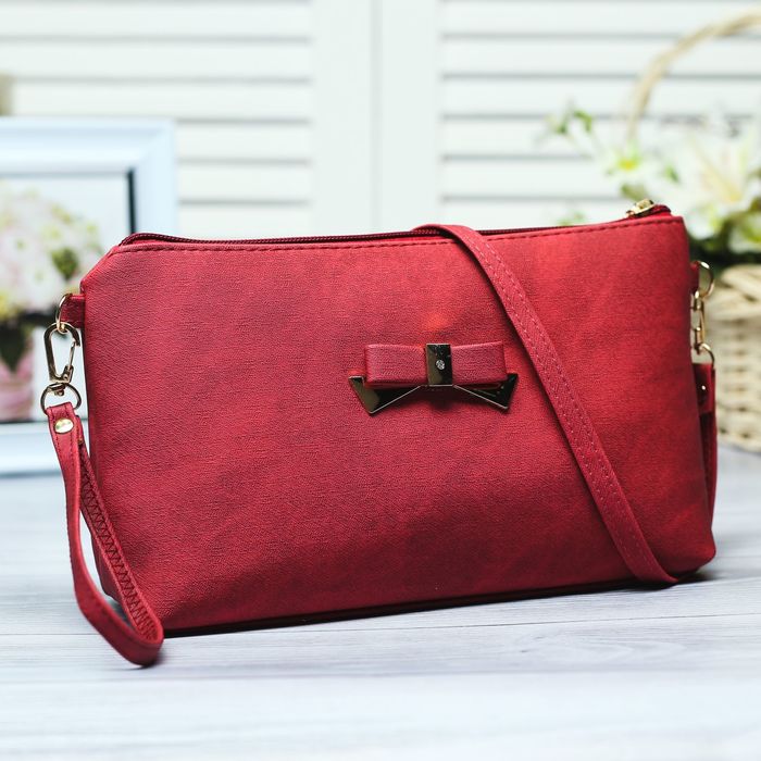 Сумка женская с бантом, отдел на молнии, с ручкой, длинный ремень, цвет бордовый