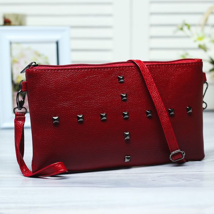 Клатч женский, 2 отдела на молнии, длинный ремень, цвет красный