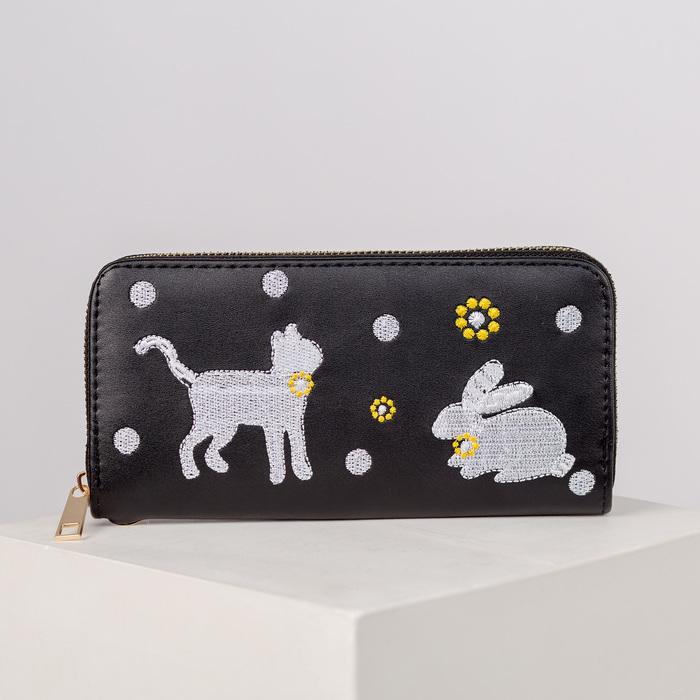 Кошелёк женский на молнии, с ручкой, 3 отдела, отдел для карт, монет, цвет чёрный