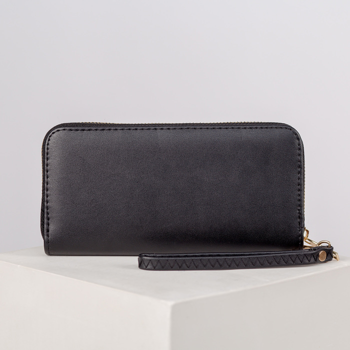 Кошелёк женский на молнии, с ручкой, 3 отдела, отдел для карт, монет, цвет чёрный