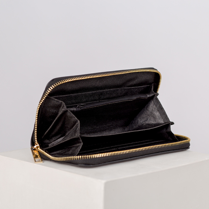 Кошелёк женский на молнии, с ручкой, 3 отдела, отдел для карт, монет, цвет чёрный