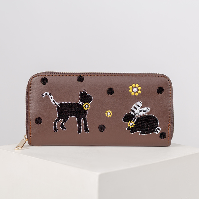 Кошелёк женский на молнии, с ручкой, 3 отдела, отдел для карт, монет, цвет кофейный