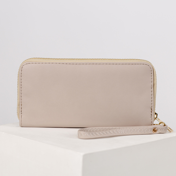 Кошелёк женский на молнии, с ручкой, 3 отдела, отдел для карт, монет, цвет бежевый