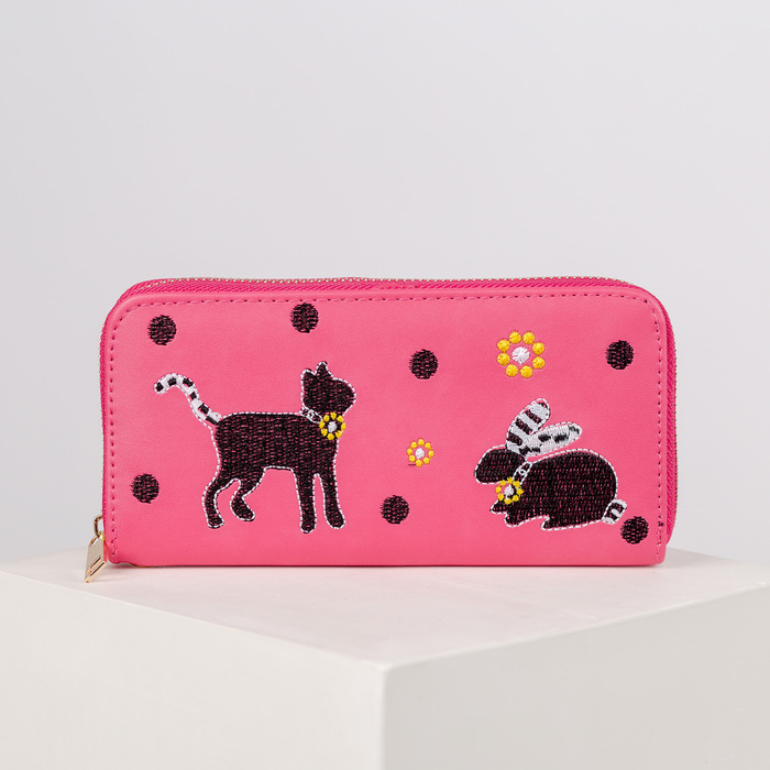 Кошелёк женский на молнии, с ручкой, 3 отдела, отдел для карт, монет, цвет розовый