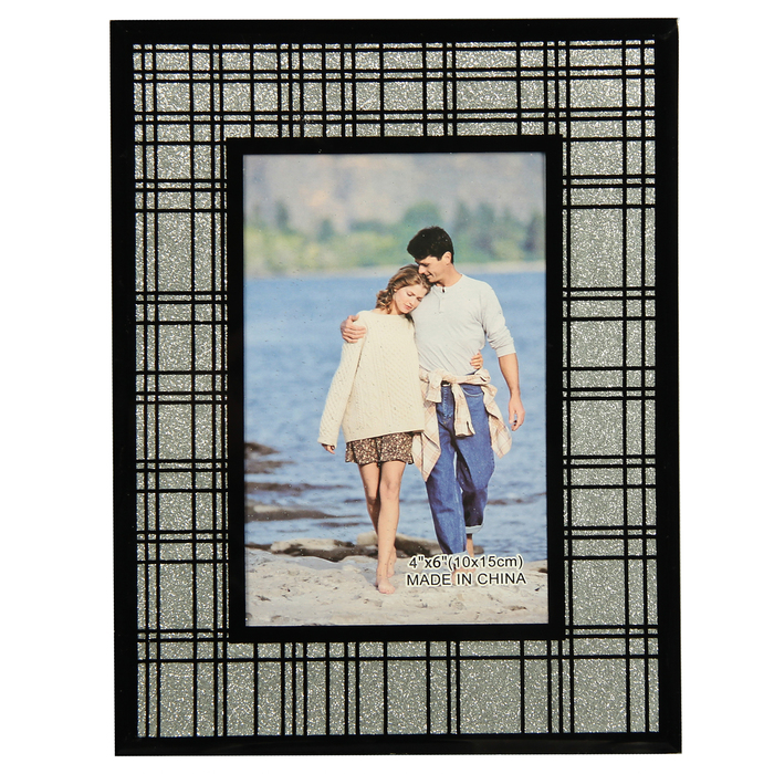 Фоторамка стекло 10х15 см "Чёрная клетка на серебристом" 22х17 см