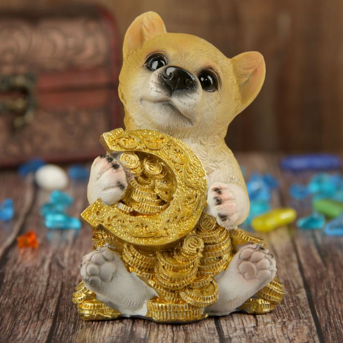 Копилка полистоун "Щенок лайки с золотой подковой и монетками" 12,3х9х8,5 см