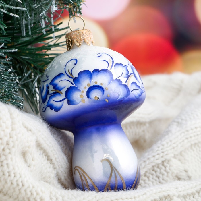 Ёлочная игрушка "Грибочек" синяя 9 см