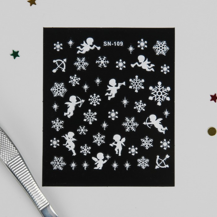 Наклейки для ногтей "Ангелочки со снежинками", цвет белый