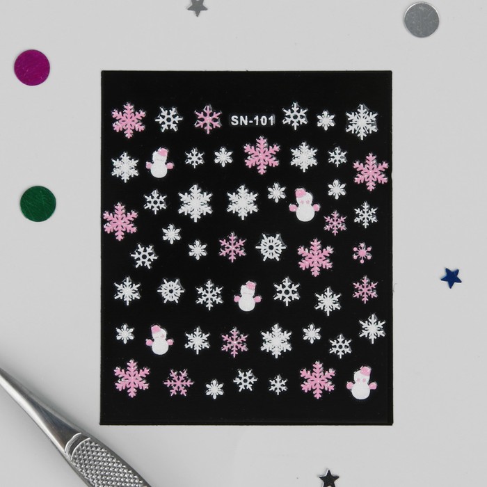 Наклейки для ногтей "Снеговики со снежинками", цвет бело-розовый