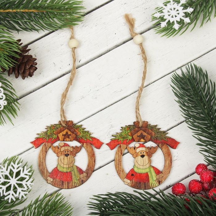 Подвеска новогодняя "Олень в шапке", набор 2 шт.