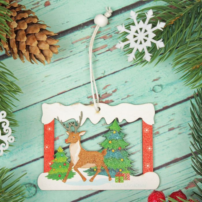 Подвеска новогодняя "Олень в окошечке", односторонняя