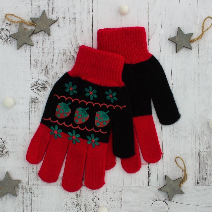 Перчатки для девочки "Клубничка", размер 16 (р-р произв. 8), цвет красный/чёрный