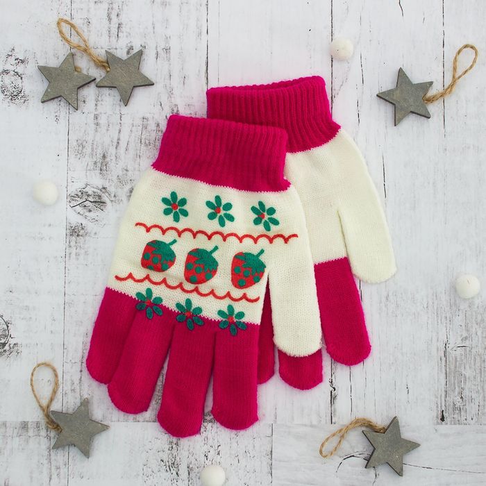 Перчатки для девочки "Клубничка", размер 16 (р-р произв. 8), цвет ярко-розовый